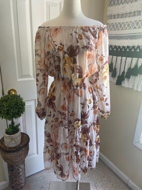 Off-Shoulder Floral Boho Western Coquette Midi Dress in Cream and Brown